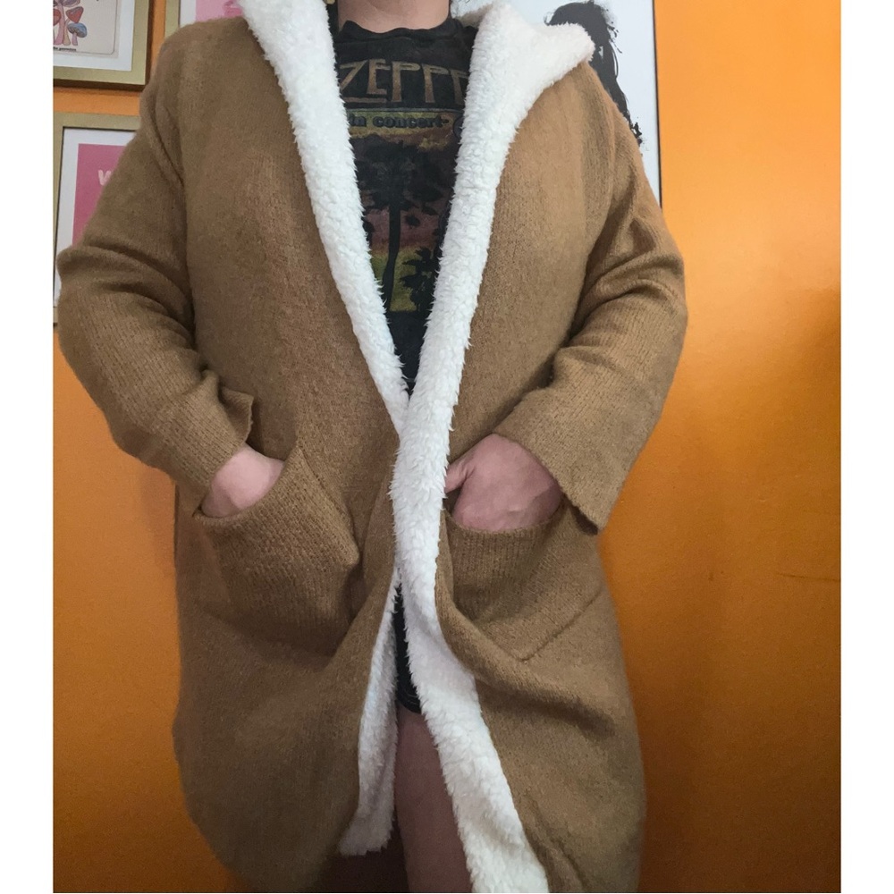 Cozy Tan Hooded Cardigan with White Trim